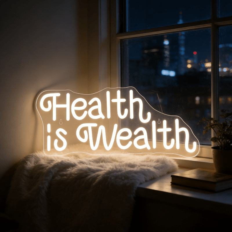 Health Wellness Yoga - Letreiro Neon LED 'Saúde é Riqueza'